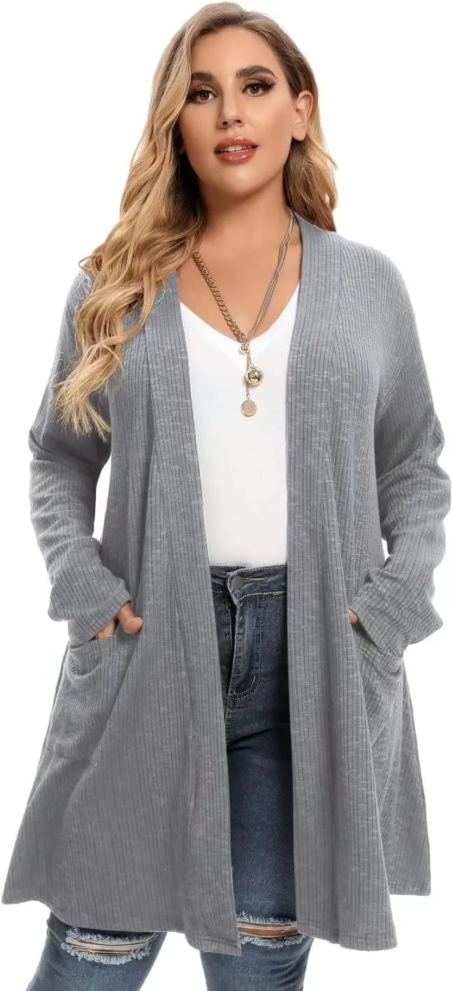 LARACE Open Front Knit Cardigan Sweaters for Women Plus Size Long Sleeve Tops with Pockets Lightweight for Winter