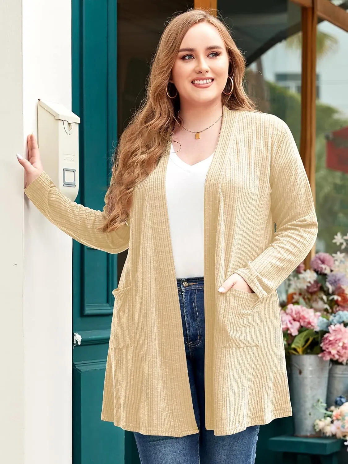 LARACE Open Front Knit Cardigan Sweaters for Women Plus Size Long Sleeve Tops with Pockets Lightweight for Winter