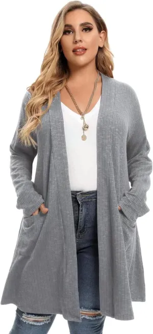 LARACE Open Front Knit Cardigan Sweaters for Women Plus Size Long Sleeve Tops with Pockets Lightweight for Winter