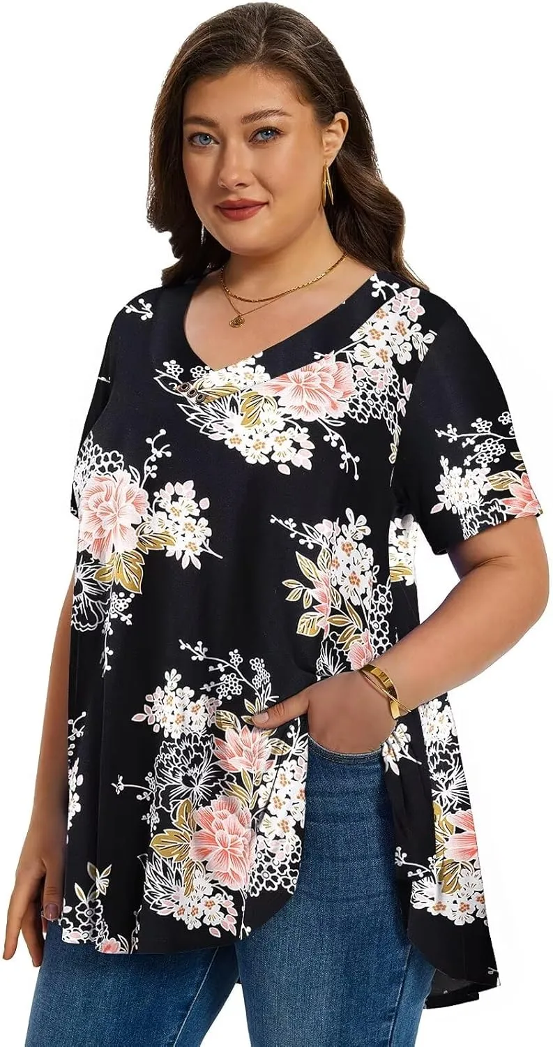 LARACE Plus Size Tops for Womens T Shirts Button Down Summer Clothes Short Sleeve Tunics Casual V Neck Blouses