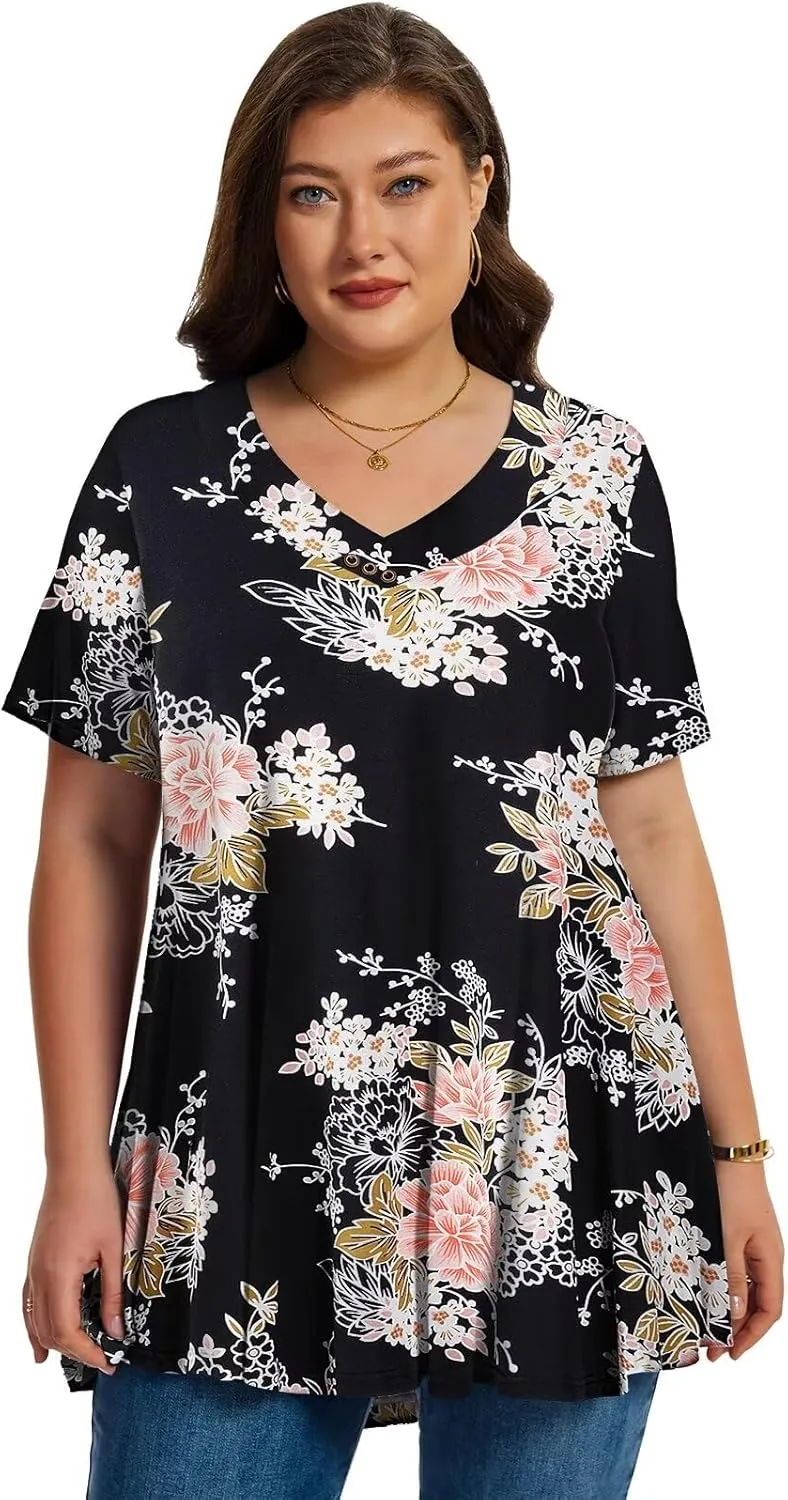 LARACE Plus Size Tops for Womens T Shirts Button Down Summer Clothes Short Sleeve Tunics Casual V Neck Blouses