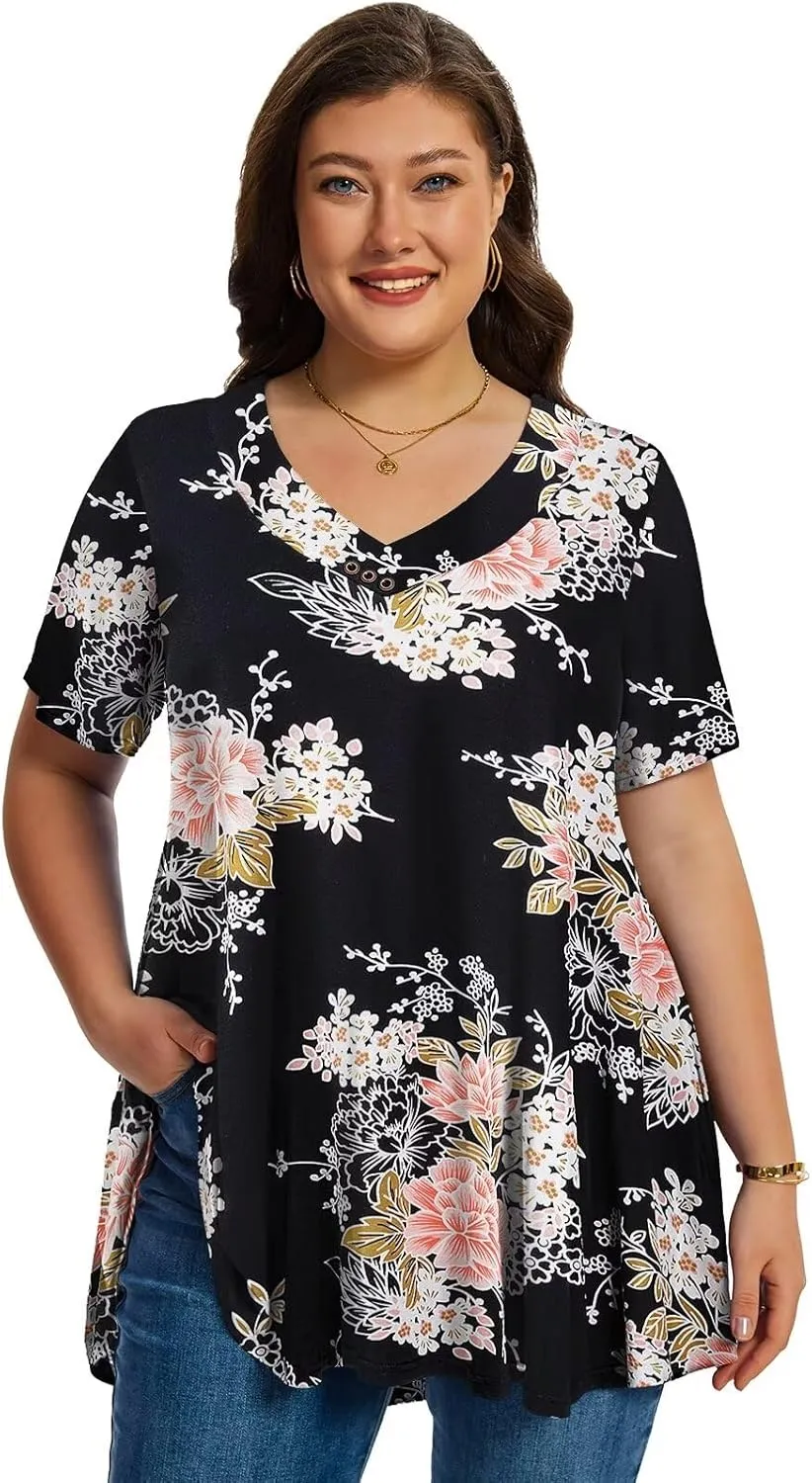 LARACE Plus Size Tops for Womens T Shirts Button Down Summer Clothes Short Sleeve Tunics Casual V Neck Blouses
