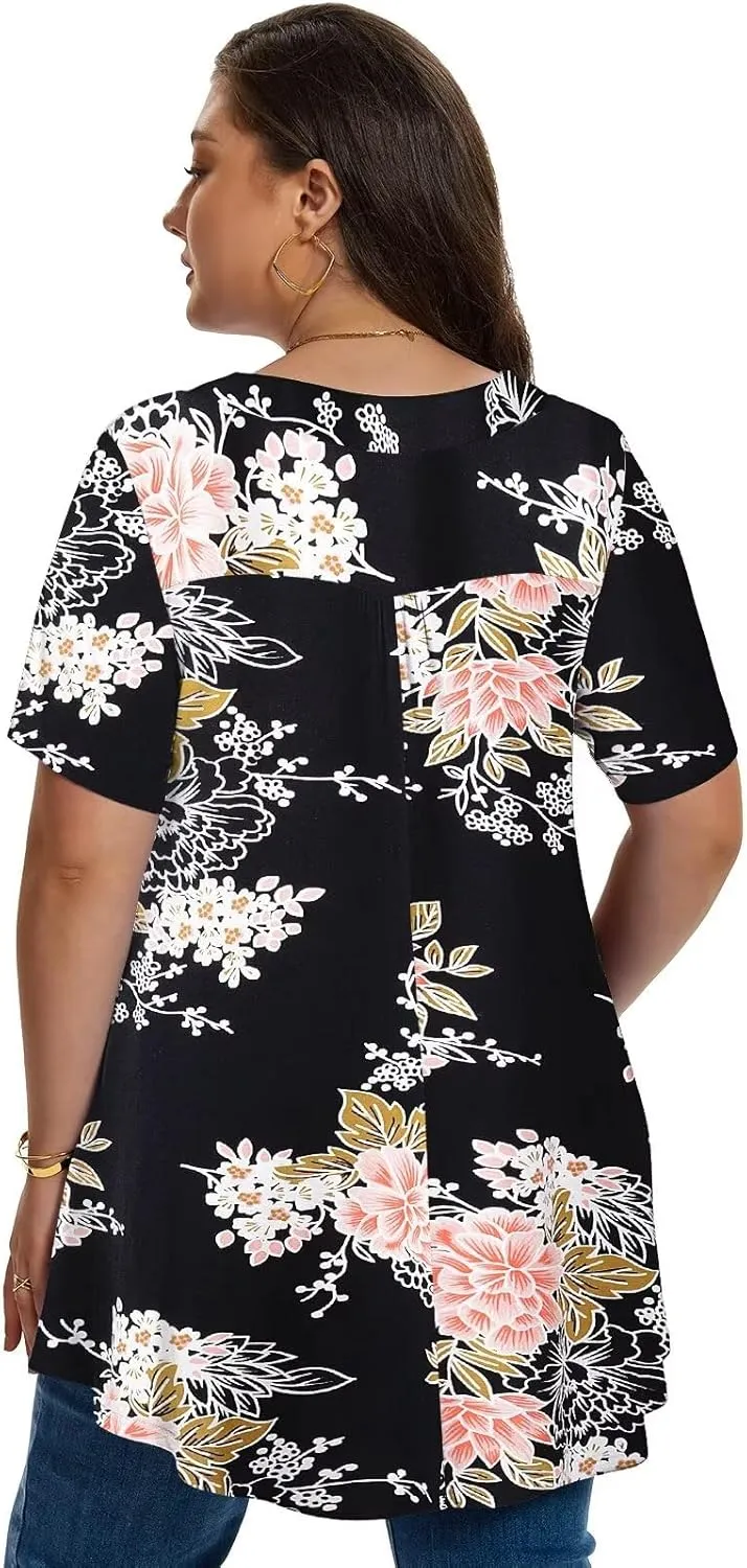 LARACE Plus Size Tops for Womens T Shirts Button Down Summer Clothes Short Sleeve Tunics Casual V Neck Blouses