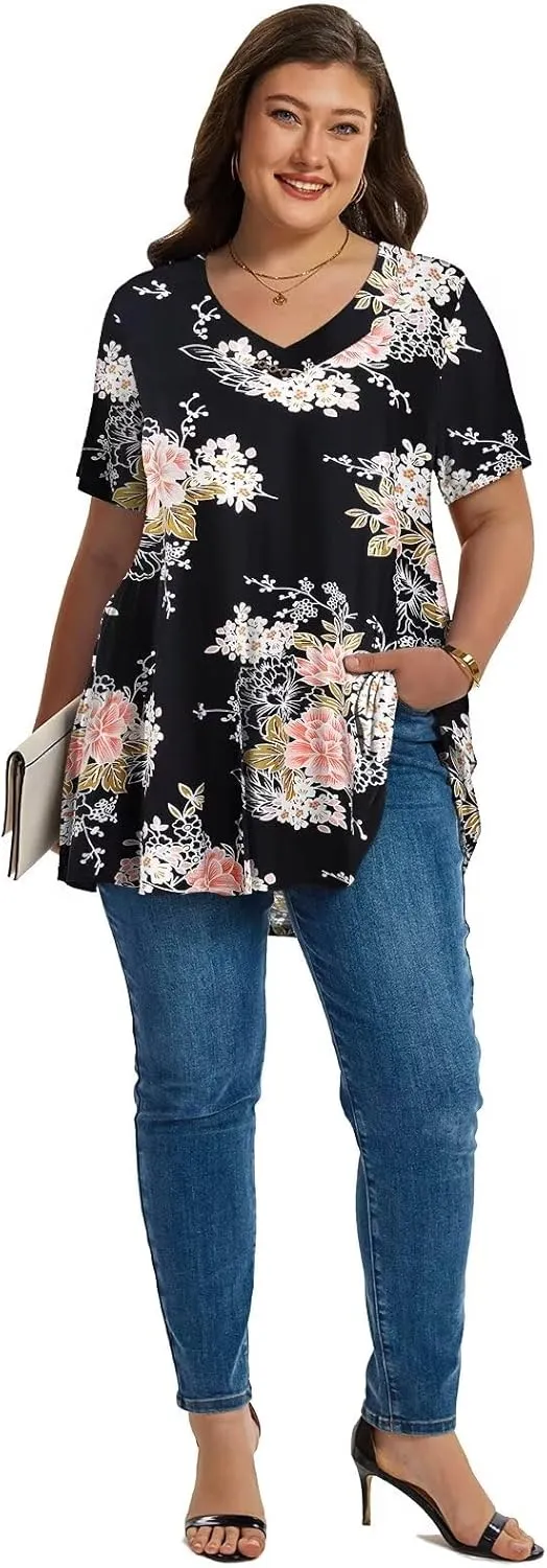 LARACE Plus Size Tops for Womens T Shirts Button Down Summer Clothes Short Sleeve Tunics Casual V Neck Blouses