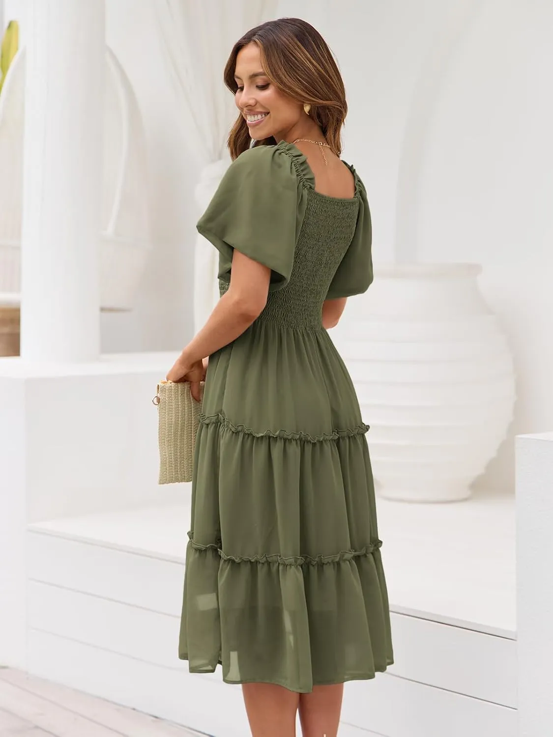 LILLUSORY Women's Summer Casual Flutter Sleeve Square Neck Smocked Midi Dress