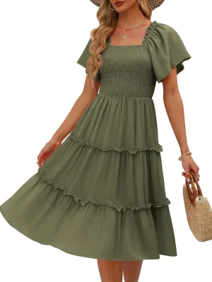 LILLUSORY Women's Summer Casual Flutter Sleeve Square Neck Smocked Midi Dress