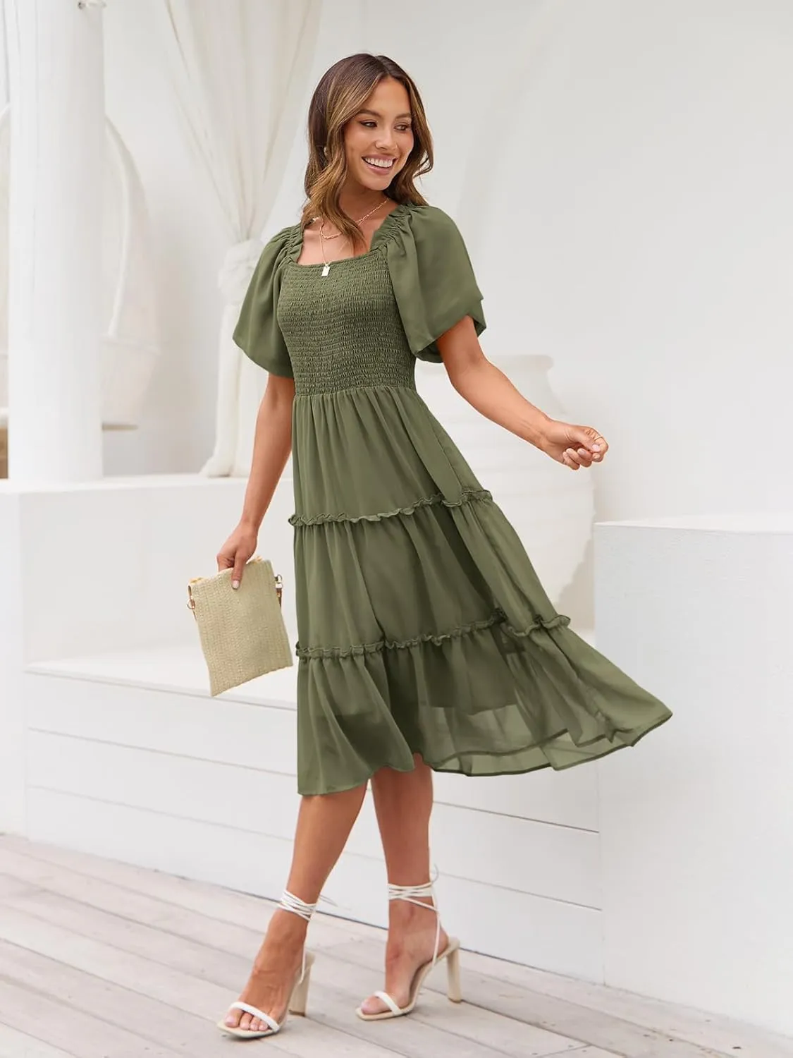 LILLUSORY Women's Summer Casual Flutter Sleeve Square Neck Smocked Midi Dress