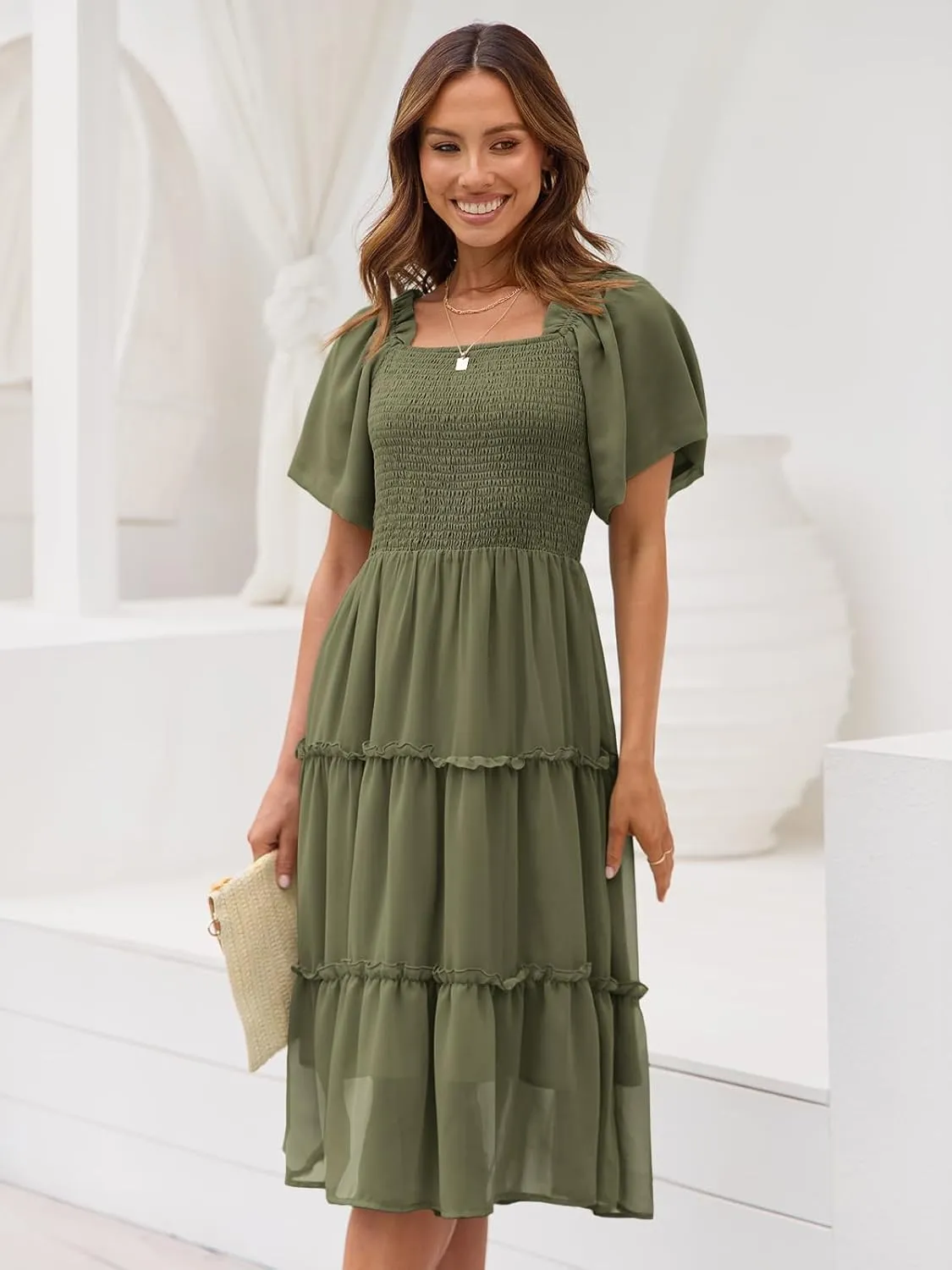LILLUSORY Women's Summer Casual Flutter Sleeve Square Neck Smocked Midi Dress