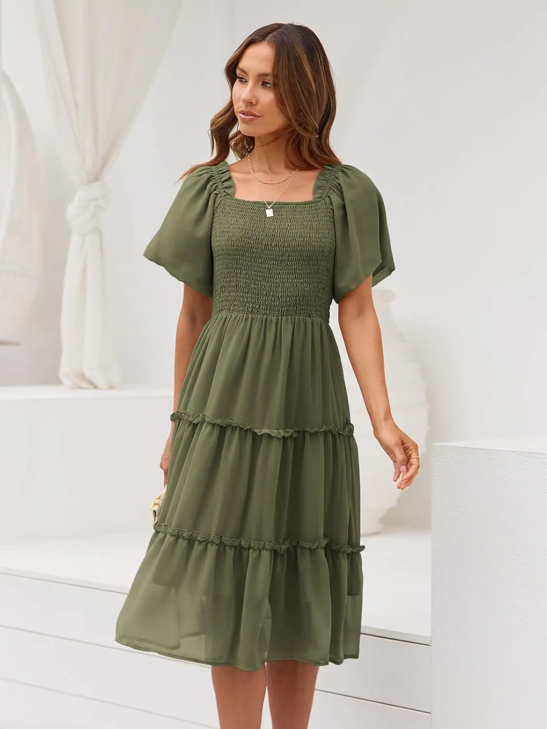 LILLUSORY Women's Summer Casual Flutter Sleeve Square Neck Smocked Midi Dress