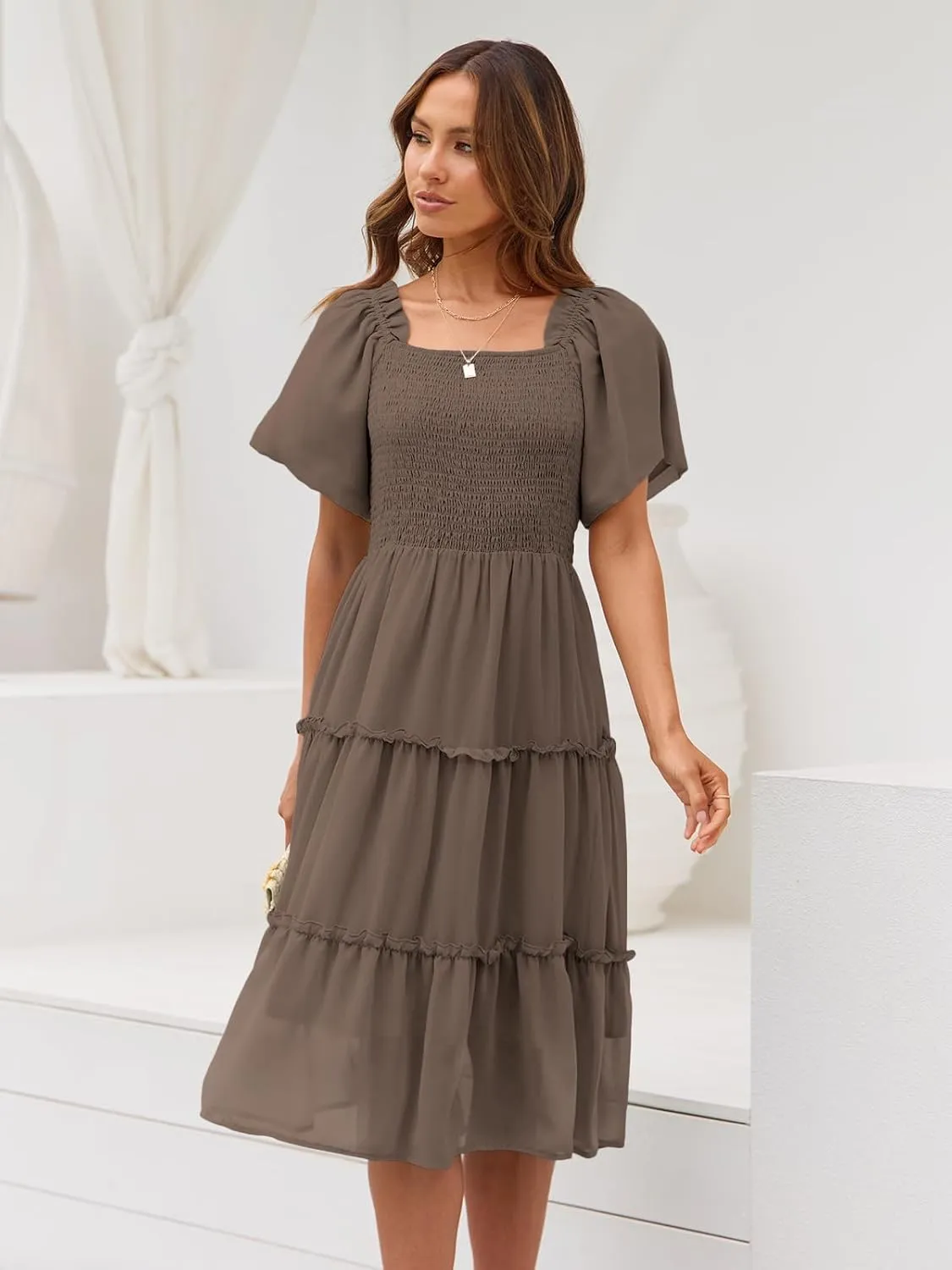 LILLUSORY Women's Summer Casual Flutter Sleeve Square Neck Smocked Midi Dress