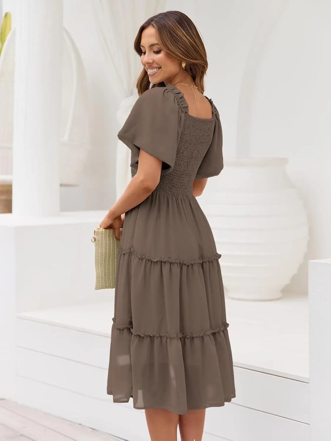 LILLUSORY Women's Summer Casual Flutter Sleeve Square Neck Smocked Midi Dress
