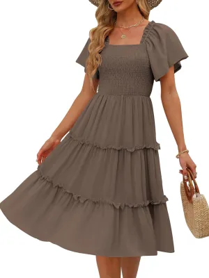 LILLUSORY Women's Summer Casual Flutter Sleeve Square Neck Smocked Midi Dress