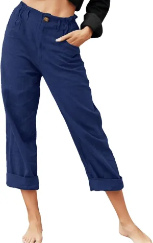 Linen Capri Pants for Women Casual Baggy Straight Leg Trousers Summer Trendy Breathable Comfortable Pants with Pockets