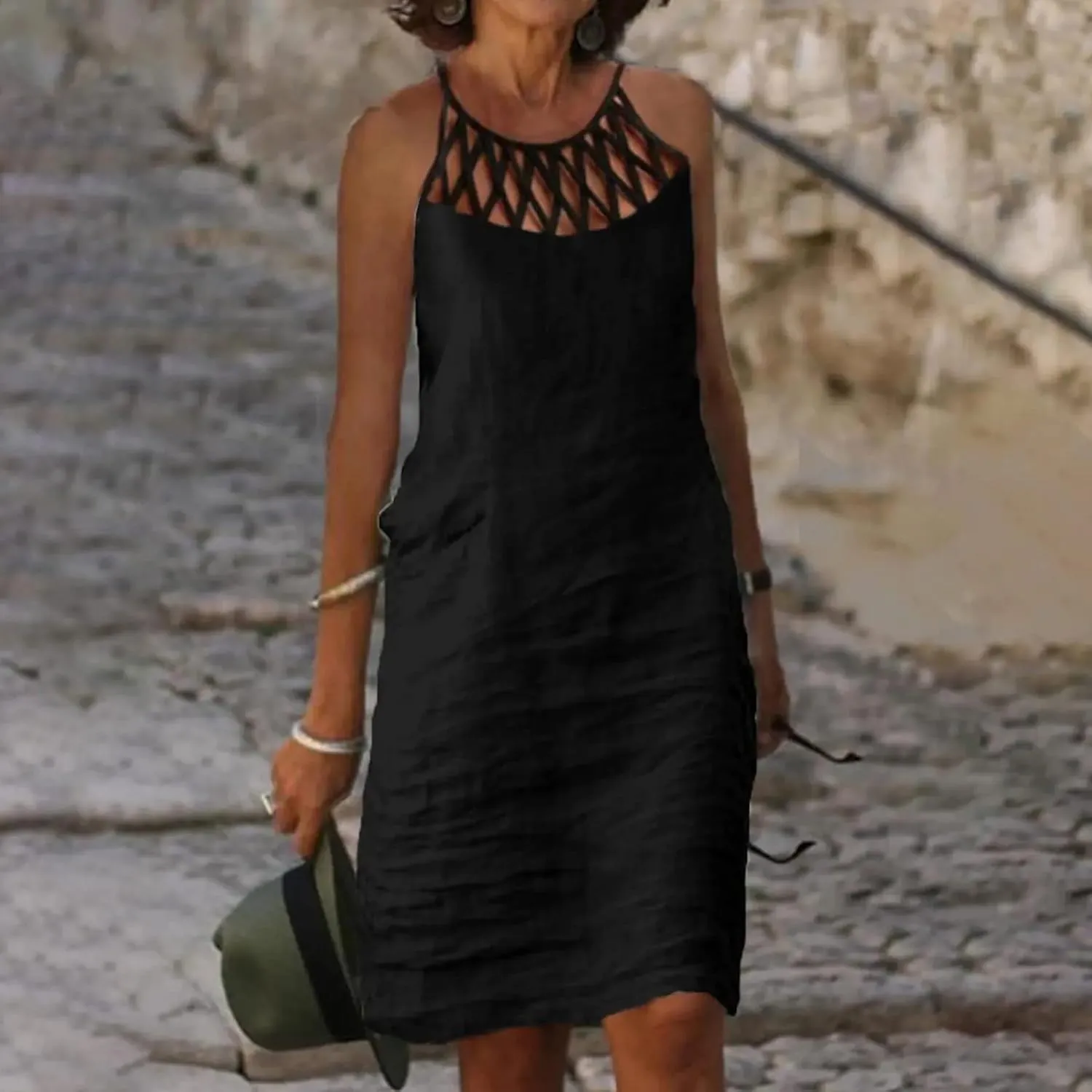 Linen Dress for Women Summer Trendy Loose Round Neck Solid Sundress Casual Sleeveless Vacation Pleated Dresses