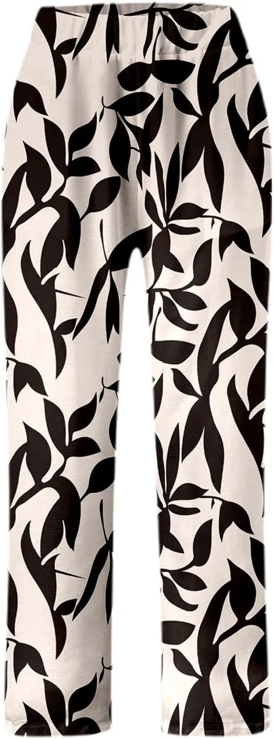 Linen Pants for Women Elastic Waist Comfortable Stretchy High Waisted Pants Folded Hem Casual Straight Leg Trousers