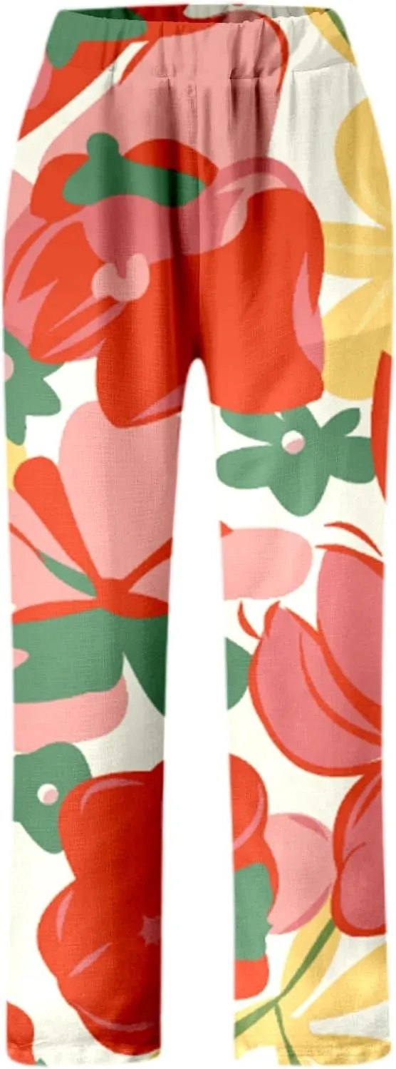 Linen Pants for Women Elastic Waist Comfortable Stretchy High Waisted Pants Folded Hem Casual Straight Leg Trousers