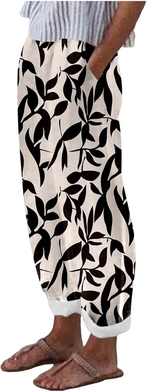 Linen Pants for Women Elastic Waist Comfortable Stretchy High Waisted Pants Folded Hem Casual Straight Leg Trousers
