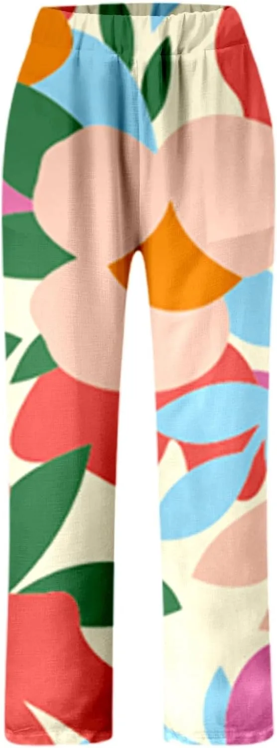 Linen Pants for Women Elastic Waist Comfortable Stretchy High Waisted Pants Folded Hem Casual Straight Leg Trousers