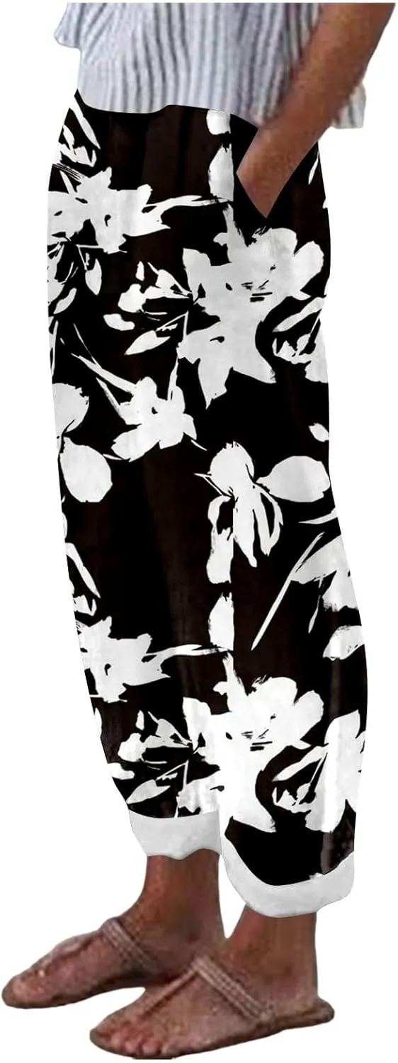 Linen Pants for Women Elastic Waist Comfortable Stretchy High Waisted Pants Folded Hem Casual Straight Leg Trousers