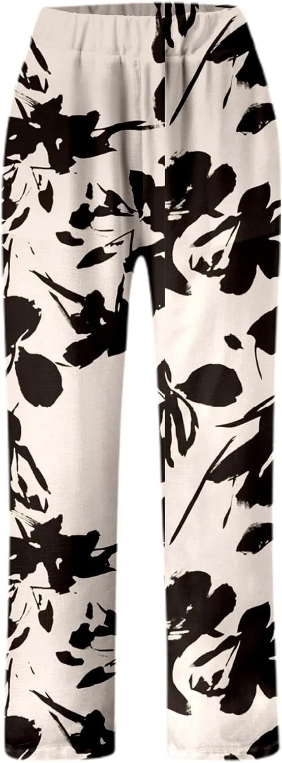 Linen Pants for Women Elastic Waist Comfortable Stretchy High Waisted Pants Folded Hem Casual Straight Leg Trousers