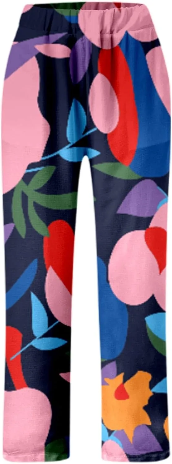 Linen Pants for Women Elastic Waist Comfortable Stretchy High Waisted Pants Folded Hem Casual Straight Leg Trousers