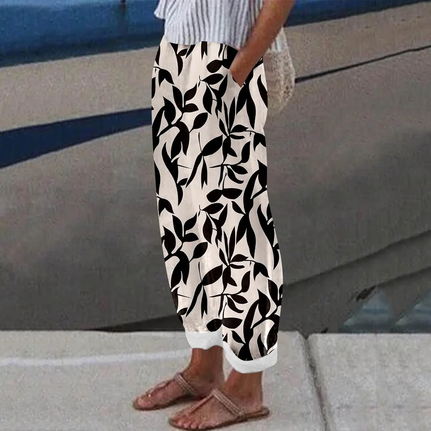 Linen Pants for Women Elastic Waist Comfortable Stretchy High Waisted Pants Folded Hem Casual Straight Leg Trousers