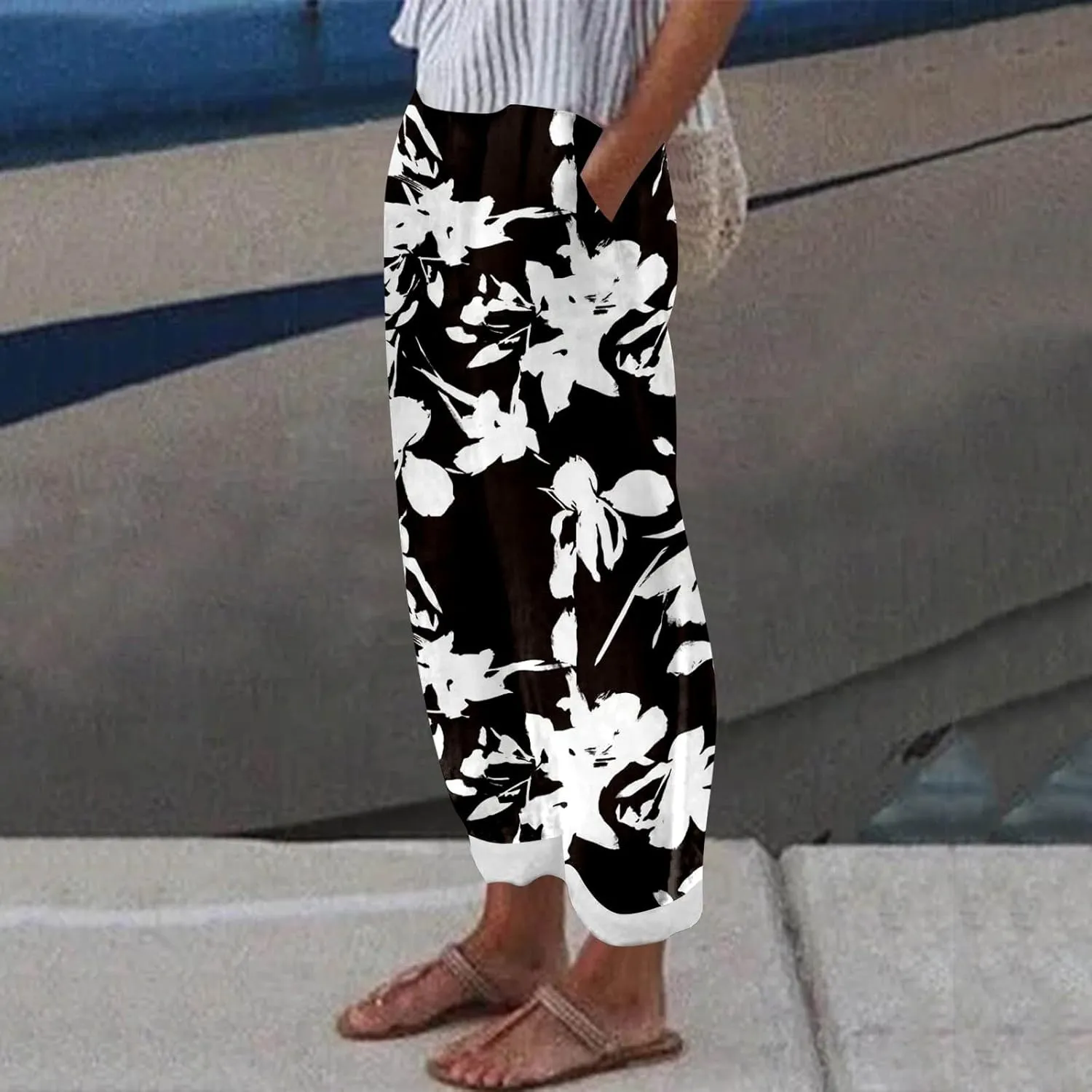 Linen Pants for Women Elastic Waist Comfortable Stretchy High Waisted Pants Folded Hem Casual Straight Leg Trousers