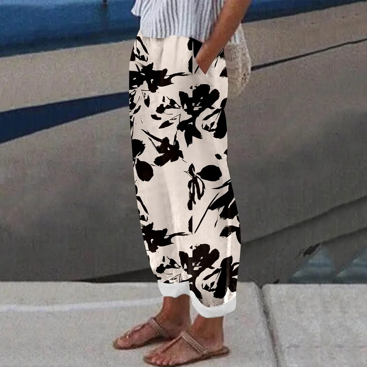 Linen Pants for Women Elastic Waist Comfortable Stretchy High Waisted Pants Folded Hem Casual Straight Leg Trousers