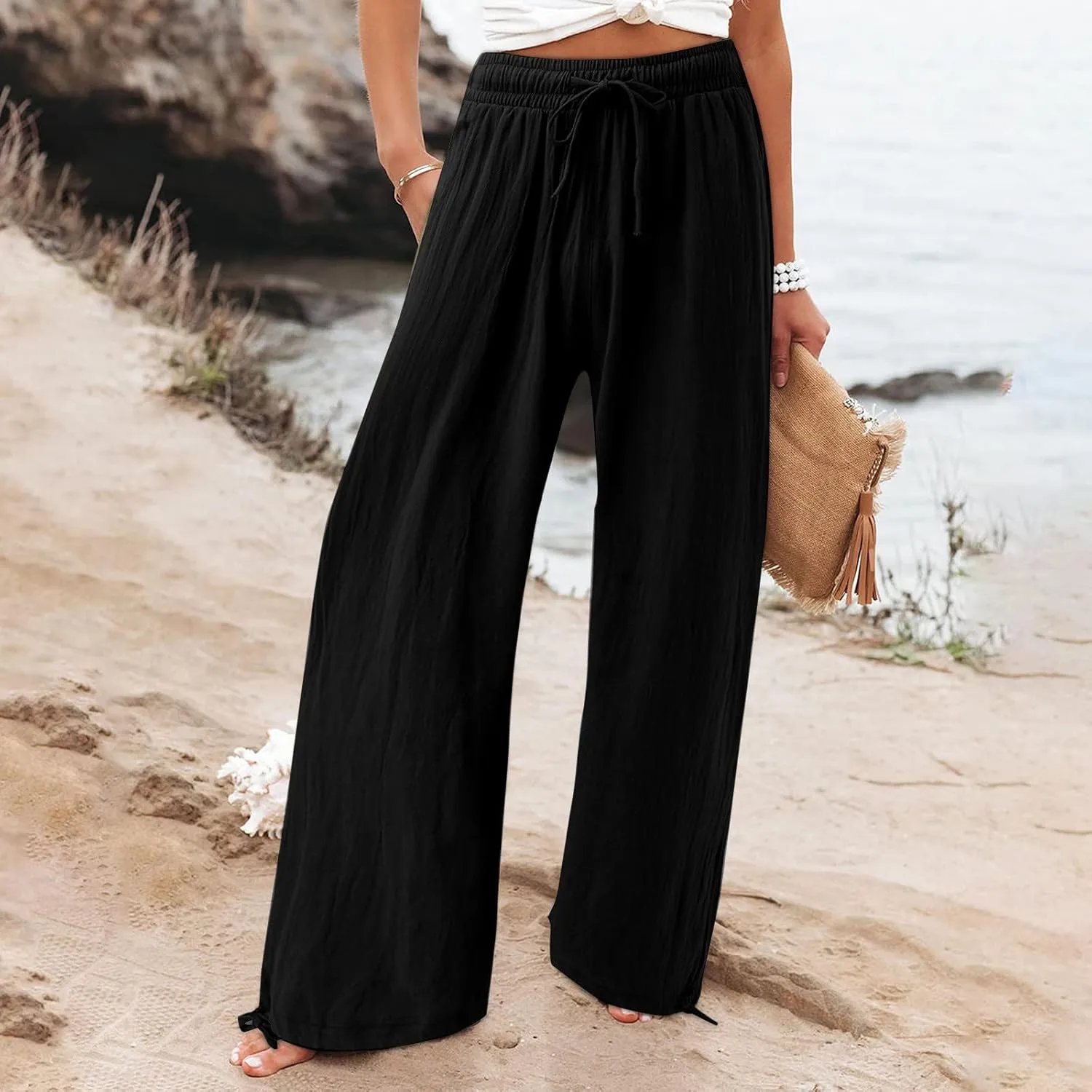 Linen Pants Women 2025 Summer Drawstring Elastic High Waist Baggy Beach Pants Wide Leg Flowy Pants with Pockets