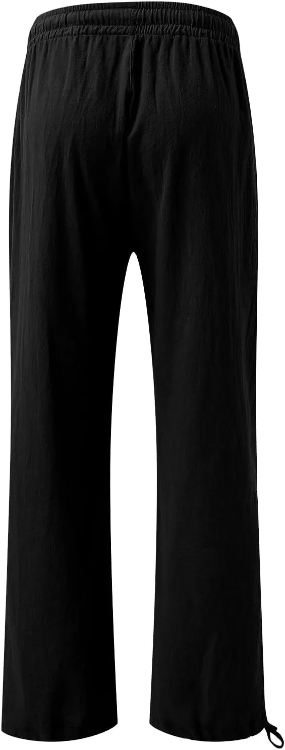 Linen Pants Women 2025 Summer Drawstring Elastic High Waist Baggy Beach Pants Wide Leg Flowy Pants with Pockets