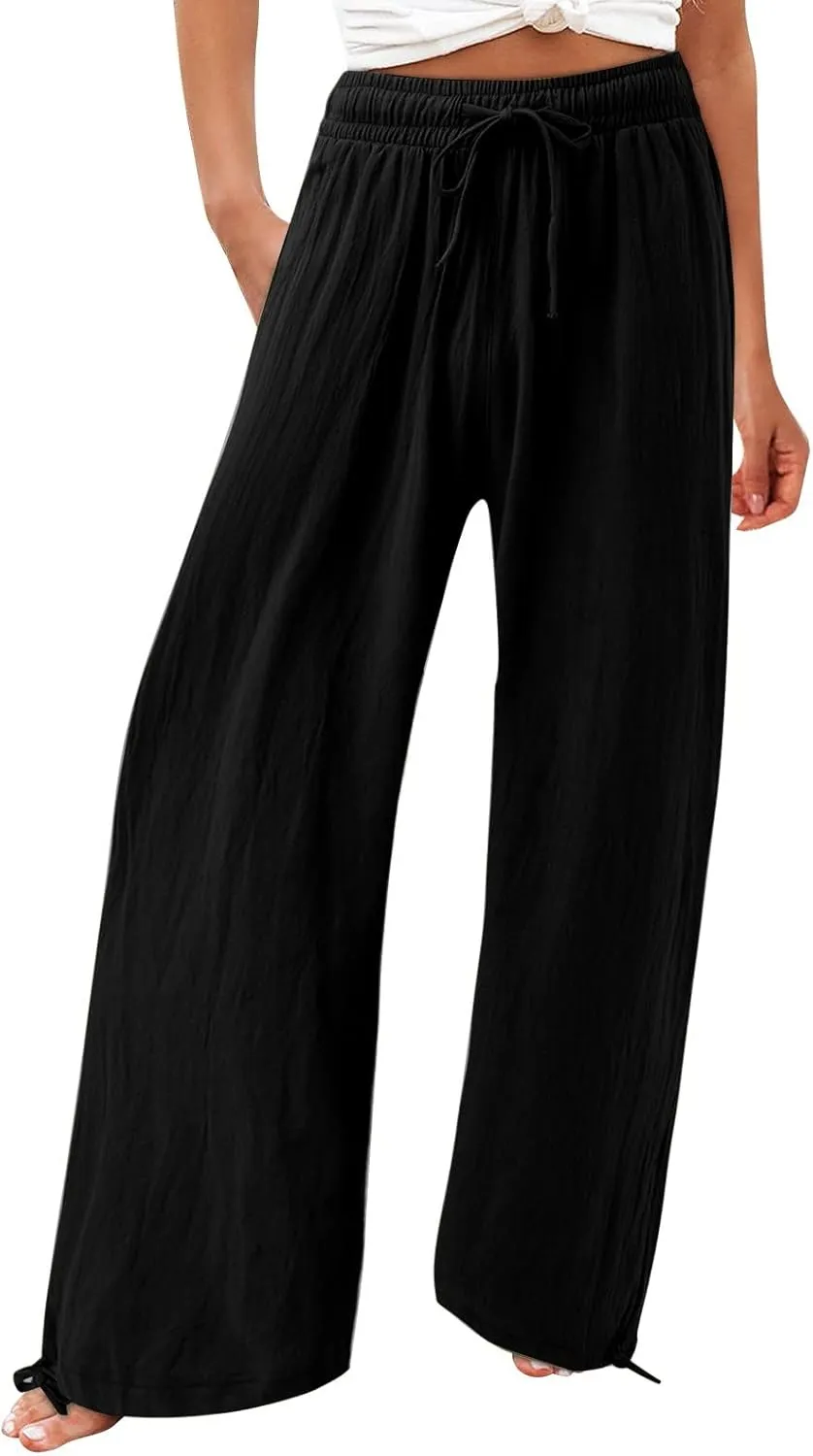 Linen Pants Women 2025 Summer Drawstring Elastic High Waist Baggy Beach Pants Wide Leg Flowy Pants with Pockets
