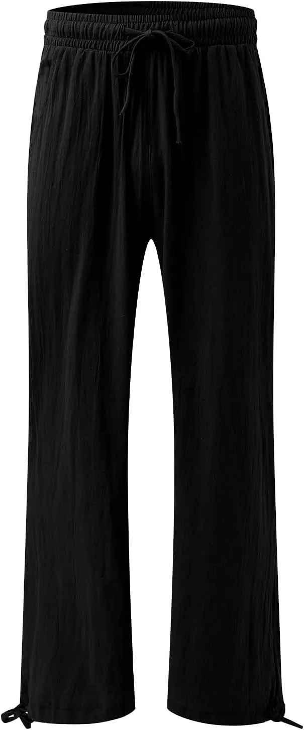 Linen Pants Women 2025 Summer Drawstring Elastic High Waist Baggy Beach Pants Wide Leg Flowy Pants with Pockets