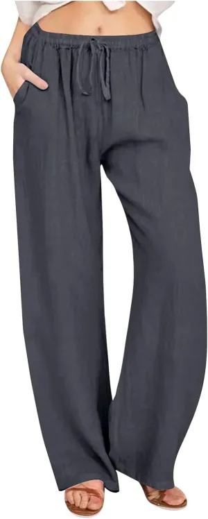 Linen Pants Women High Waist Wide Leg Pants Summer Solid Comfortable Boho Lounge Beach Trousers with Pockets
