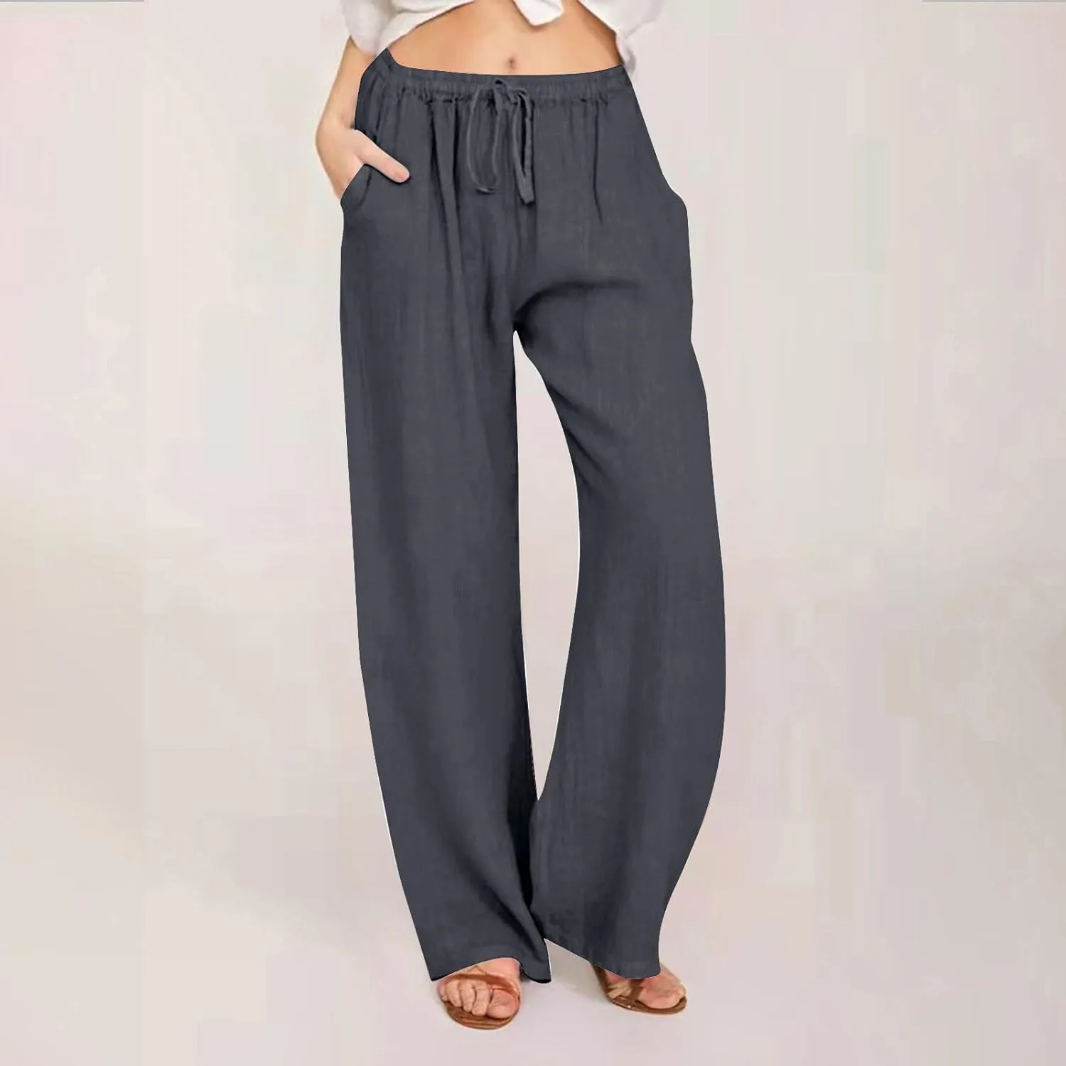 Linen Pants Women High Waist Wide Leg Pants Summer Solid Comfortable Boho Lounge Beach Trousers with Pockets