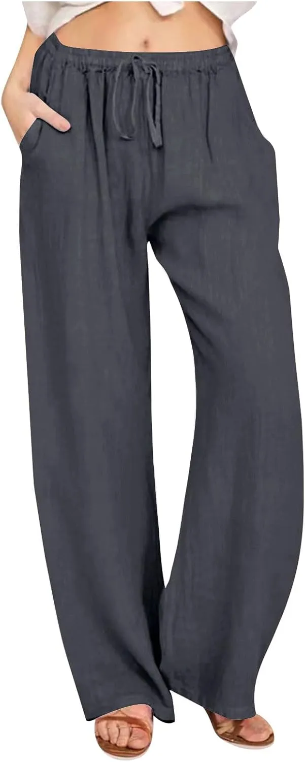 Linen Pants Women High Waist Wide Leg Pants Summer Solid Comfortable Boho Lounge Beach Trousers with Pockets