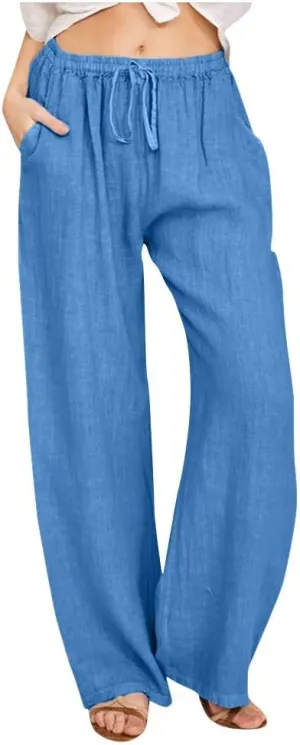 Linen Pants Women High Waist Wide Leg Pants Summer Solid Comfortable Boho Lounge Beach Trousers with Pockets