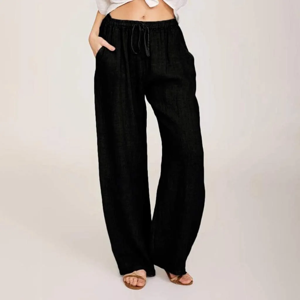 Linen Pants Women High Waist Wide Leg Pants Summer Solid Comfortable Boho Lounge Beach Trousers with Pockets