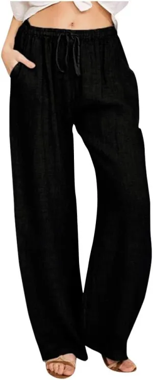 Linen Pants Women High Waist Wide Leg Pants Summer Solid Comfortable Boho Lounge Beach Trousers with Pockets