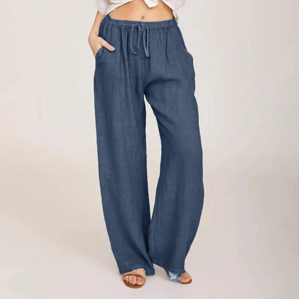 Linen Pants Women High Waist Wide Leg Pants Summer Solid Comfortable Boho Lounge Beach Trousers with Pockets