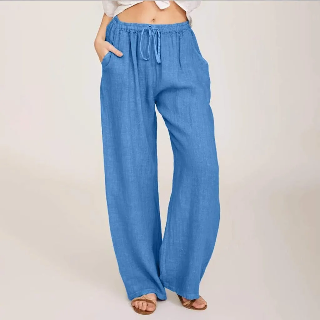 Linen Pants Women High Waist Wide Leg Pants Summer Solid Comfortable Boho Lounge Beach Trousers with Pockets