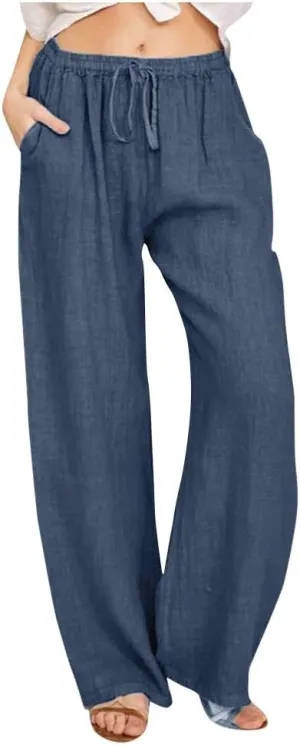 Linen Pants Women High Waist Wide Leg Pants Summer Solid Comfortable Boho Lounge Beach Trousers with Pockets