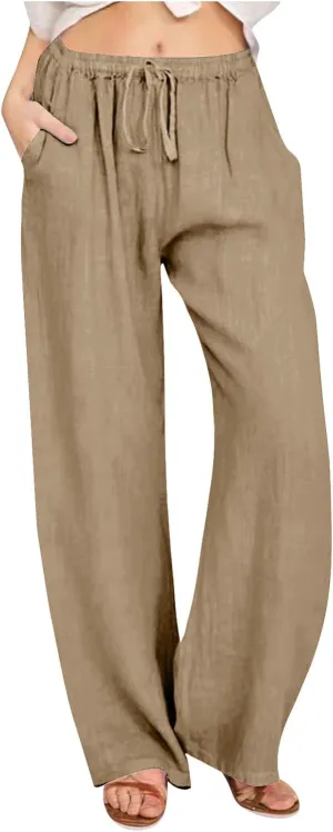 Linen Pants Women High Waist Wide Leg Pants Summer Solid Comfortable Boho Lounge Beach Trousers with Pockets