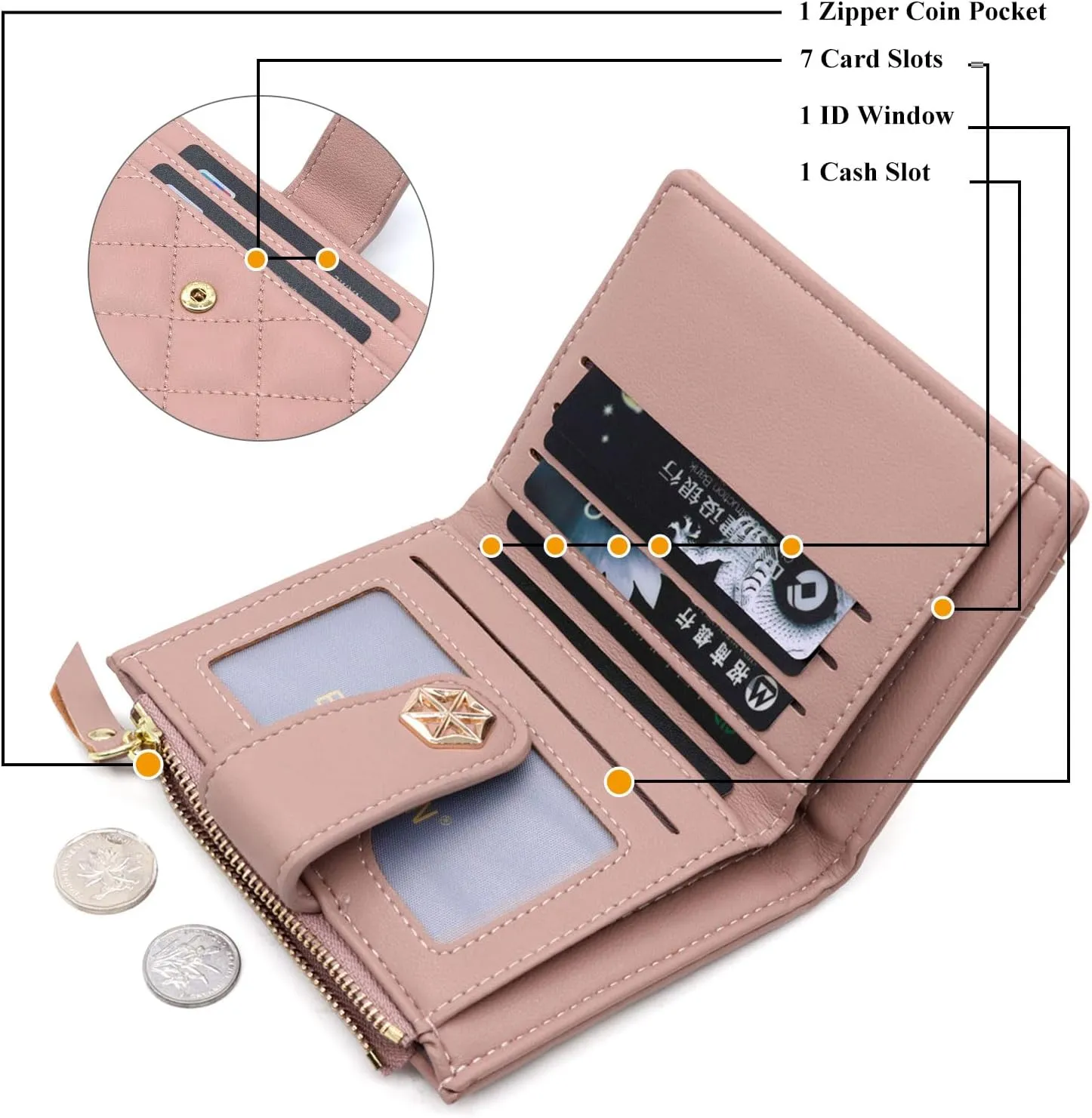 LJCZKA Womens Wallet Card Holder Small Bifold RFID Blocking Purse Short Quilted Leather Pocket for Women Girls Ladies (Pink)