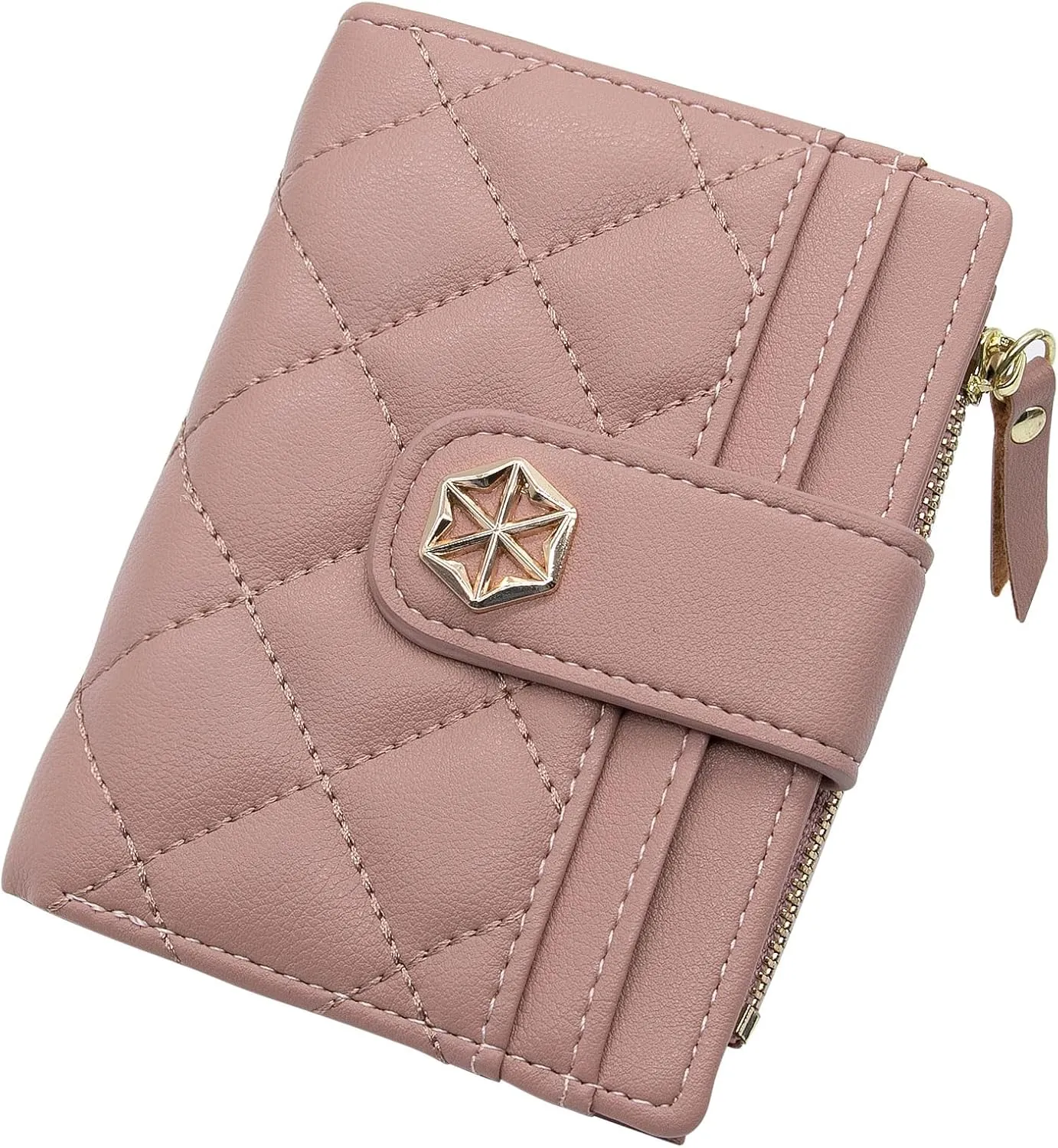LJCZKA Womens Wallet Card Holder Small Bifold RFID Blocking Purse Short Quilted Leather Pocket for Women Girls Ladies (Pink)
