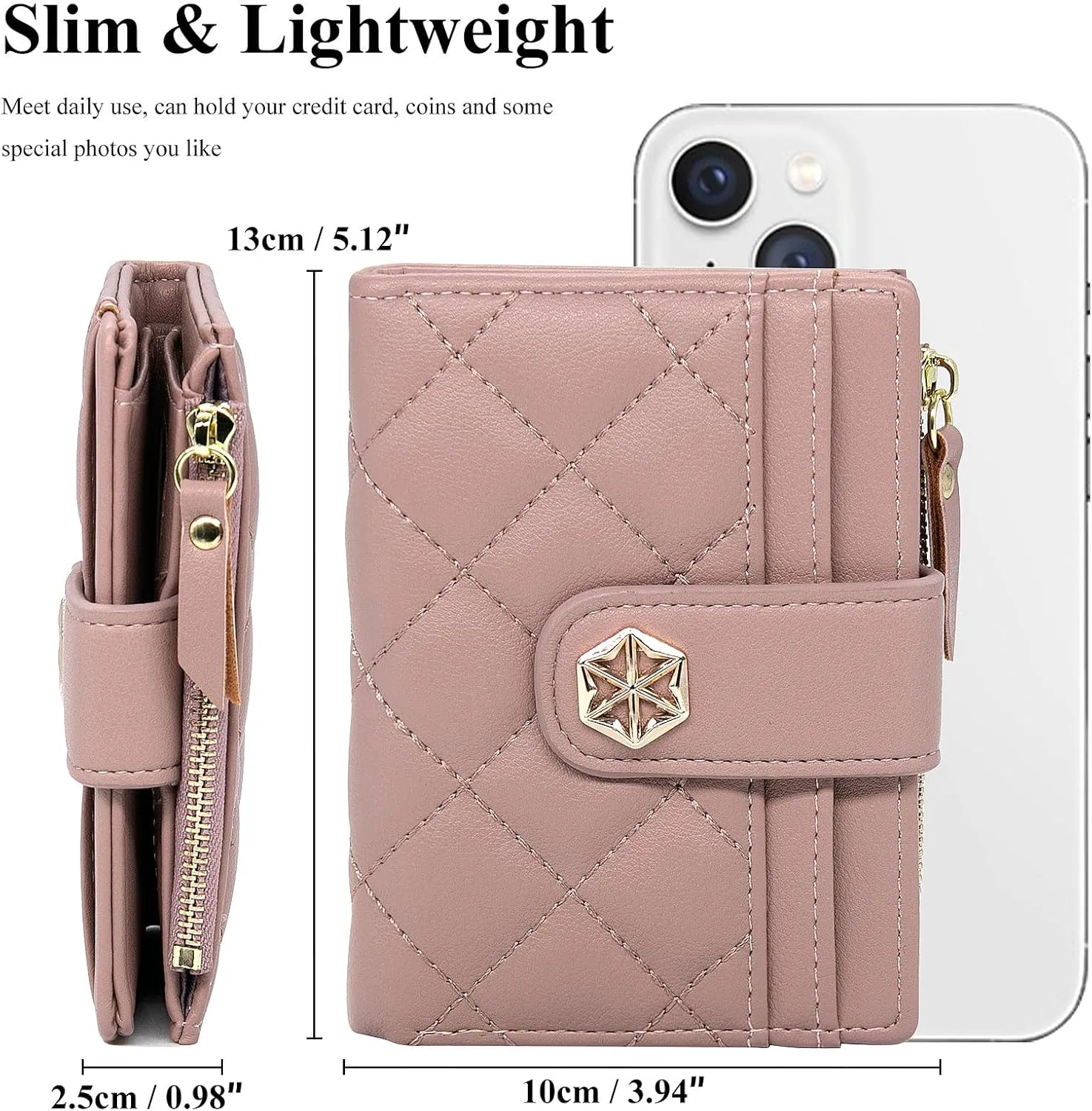 LJCZKA Womens Wallet Card Holder Small Bifold RFID Blocking Purse Short Quilted Leather Pocket for Women Girls Ladies (Pink)