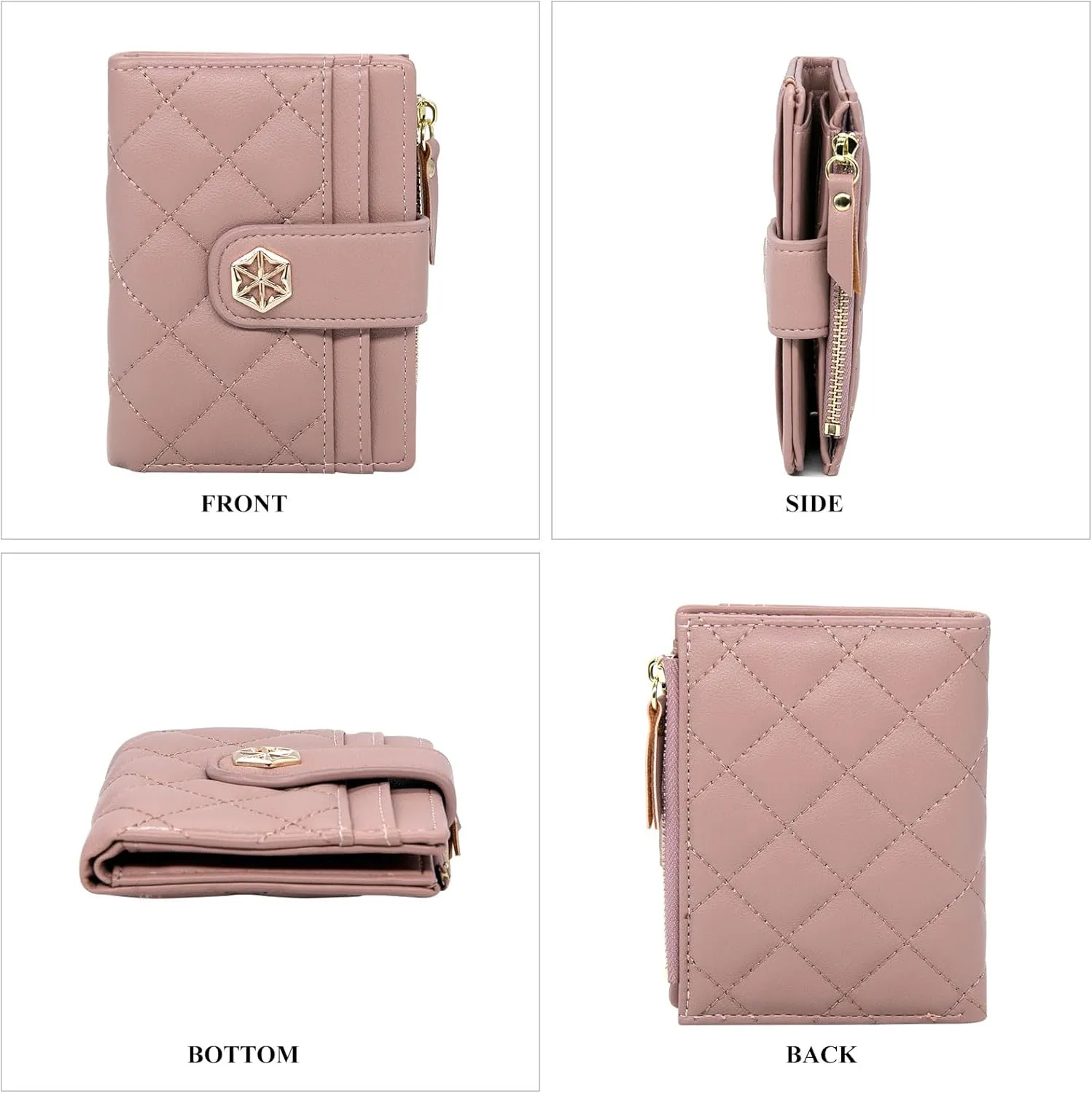 LJCZKA Womens Wallet Card Holder Small Bifold RFID Blocking Purse Short Quilted Leather Pocket for Women Girls Ladies (Pink)