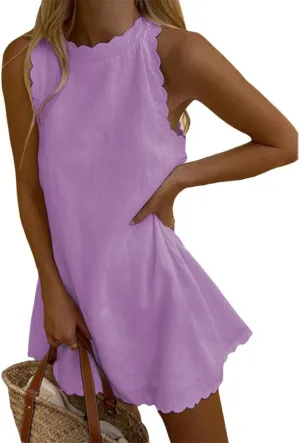 LOAIHA Linen Tank Tops for Women Summer Mini Sundress Loose Fit Sleeveless Tunic Tops Plus Size Stylish Lace Hem Tunic Dress
