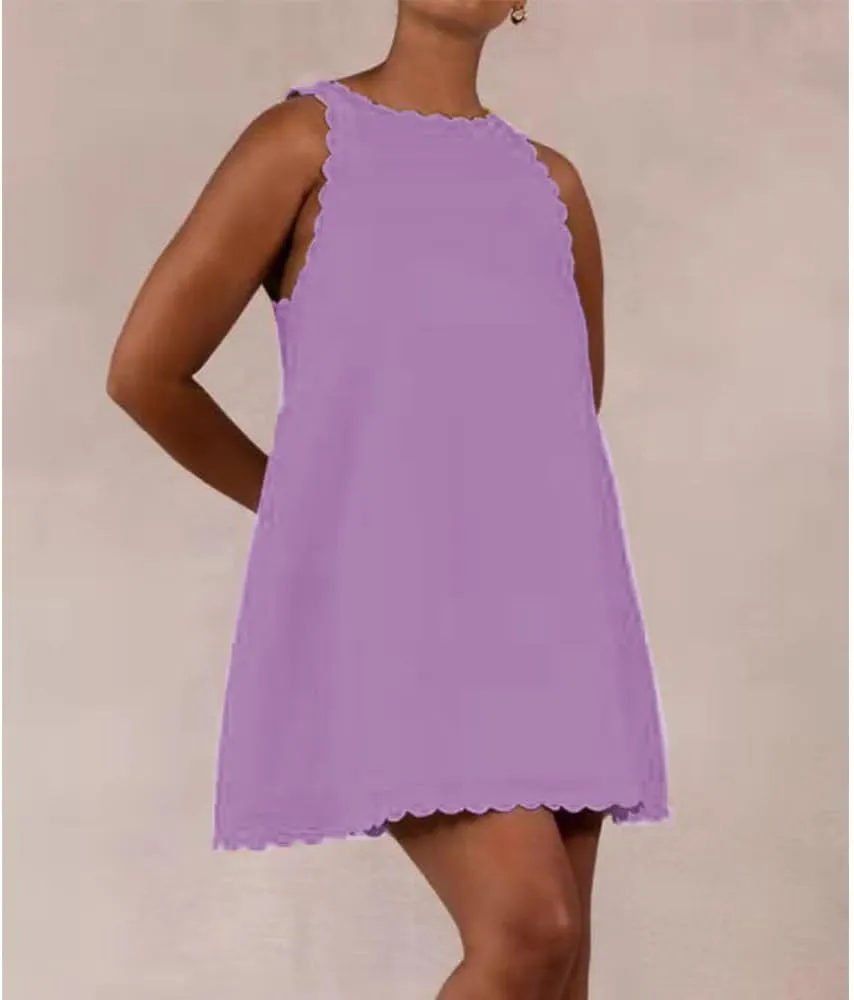 LOAIHA Linen Tank Tops for Women Summer Mini Sundress Loose Fit Sleeveless Tunic Tops Plus Size Stylish Lace Hem Tunic Dress