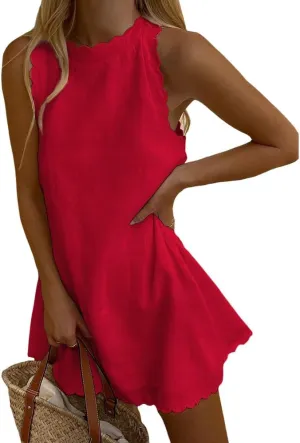 LOAIHA Linen Tank Tops for Women Summer Mini Sundress Loose Fit Sleeveless Tunic Tops Plus Size Stylish Lace Hem Tunic Dress