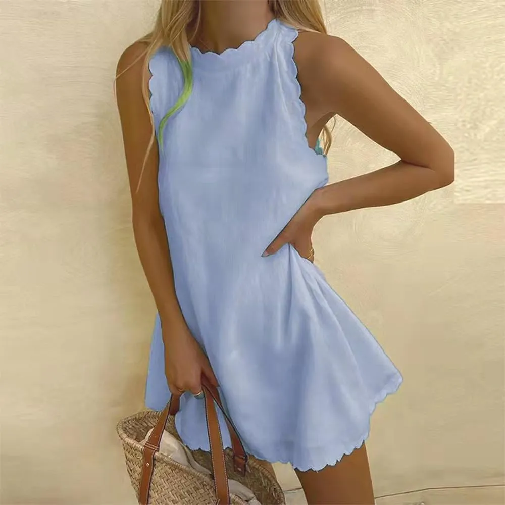 LOAIHA Linen Tank Tops for Women Summer Mini Sundress Loose Fit Sleeveless Tunic Tops Plus Size Stylish Lace Hem Tunic Dress